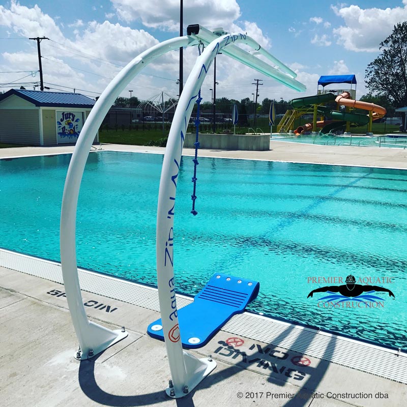 Patrons of New Haven's Jury Pool continue to enjoy the exciting addition of an Aqua Zip'N play feature. This unique product was installed by our team in the summer of 2017. The Aqua Zip'N is a cross between a traditional rope swing and a zip line. The Aqua Zip’N is defining a new era of aquatic recreation and play.